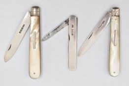 THREE SILVER FRUIT KNIVES, the first fitted with a mother of pearl handle, engraved floral design to