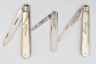 THREE SILVER FRUIT KNIVES, the first fitted with a mother of pearl handle, engraved floral design to