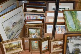 A QUANTITY OF DECORATIVE PAINTINGS AND PRINTS ETC, to include river landscape oils on board signed