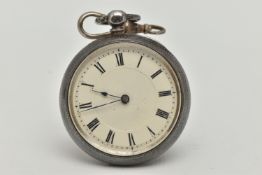 A LATE VICTORIAN SILVER OPEN FACE POCKET WATCH, key wound movement, white dial, unsigned, Roman