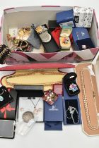 A BOX OF ASSORTED SILVER, COSTUME JEWELLERY, COINS AND ITEMS, to include a boxed white metal abalone