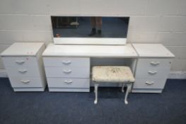 A WHITE FOUR PIECE BEDROOM SUITE, comprising a dressing table, with a single rectangular mirror