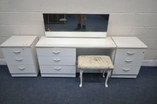 A WHITE FOUR PIECE BEDROOM SUITE, comprising a dressing table, with a single rectangular mirror