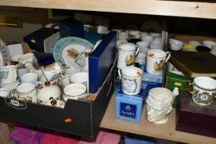 FOUR BOXES OF ROYAL COMMEMORATIVE CERAMICS, to include a 1953 Wedgwood & Co. Ltd preserve pot in the