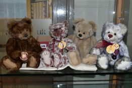 FOUR CHARLIE BEARS TEDDY BEARS, comprising Connor CB35921, Liam CB173725, Laura CB104693 and