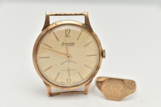 A GENTS 9CT GOLD SIGNET RING AND A 9CT GOLD 'ACCURIST' WATCH HEAD, the signet ring AF, worn