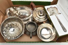 A BOX OF ASSORTED WHITE METAL WARE, to include a cased 'Christofle' silver plated server with