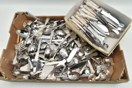 A BOX OF ASSORTED LOOSE CUTLERY PIECES, knives, forks, spoons, sugar tongs, carving knives, bread