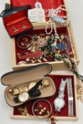 A JEWELLERY BOX OF COSTUME JEWELLERY AND WATCHES, to include a small assortment of costume jewellery