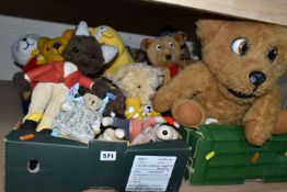 TWO BOXES OF SOFT TOYS AND TEDDY BEARS, to include Rupert Bear, Pudsey Bear, Super Ted, Roland