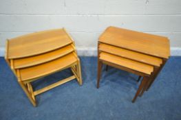 A MID CENTURY TEAK NEST OF THREE TABLES, with shaped corners, raised on square tapered legs, largest