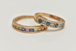 TWO 9CT GOLD GEM SET RINGS, the first designed as a row of channel set, colourful square cut