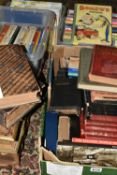 FOUR BOXES OF ASSORTED BOOKS AND CHILDREN'S ANNUALS, to include twenty one 'Blue Peter' annuals,