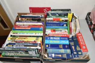 TWO BOXES OF FOOTBALL INTEREST HARDBACK AND PAPERBACK BOOKS, approximately sixty eight titles,