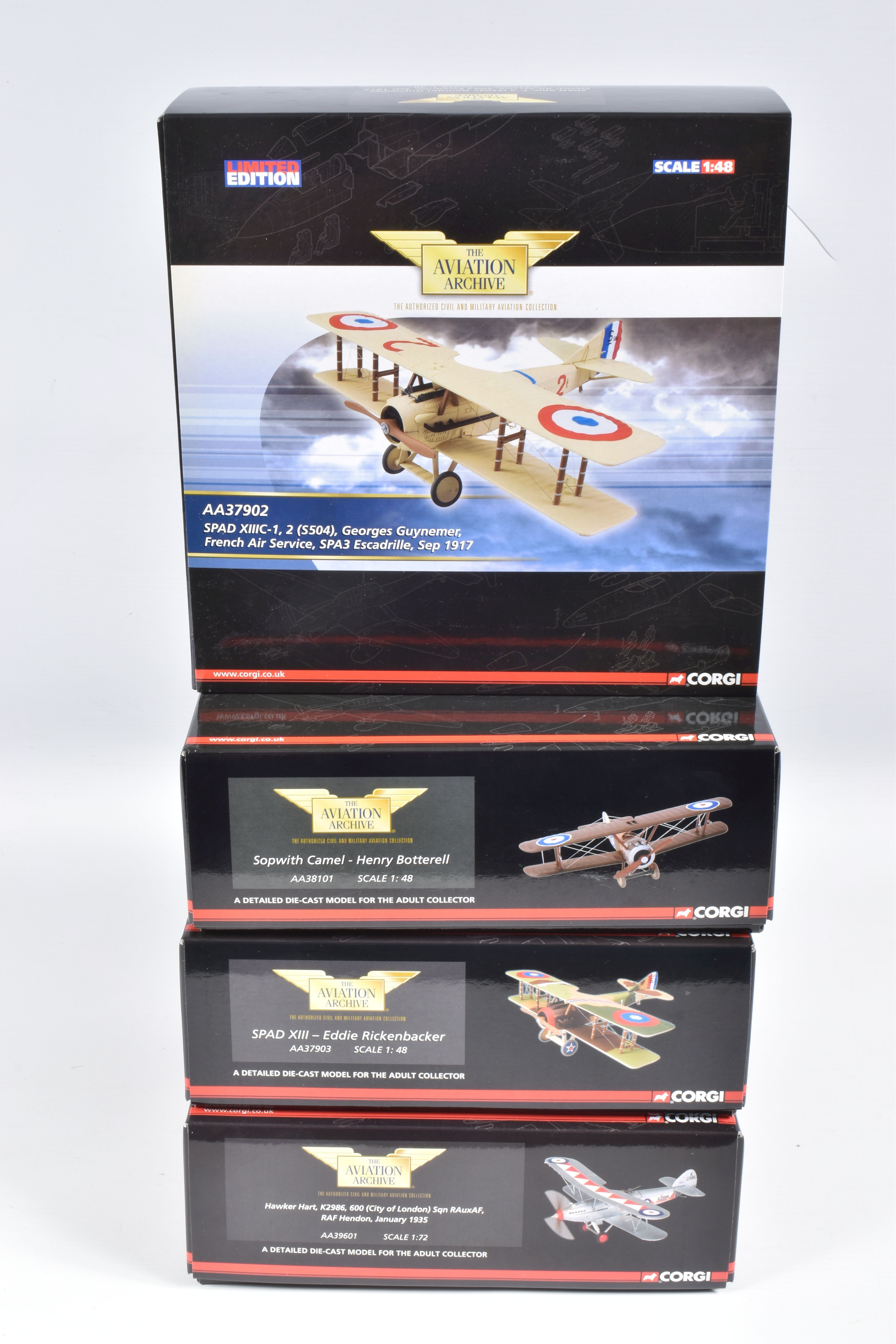 FOUR BOXED LIMITED EDITION CORGI AVIATION ARCHIVE DIECAST MODEL AIRCRAFTS, the first is a 1:72 scale