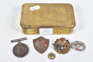 A 1914 PRINCESS MARY TIN, WWI British war medal and badges, the medal is correctly named to 12690