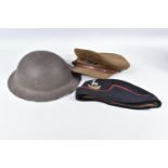 A WWII ERA STEEL HELMET AND TWO ROYAL WARWICKSHIRE HATS, the steel helmet comes with a liner