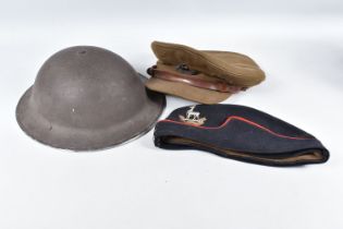 A WWII ERA STEEL HELMET AND TWO ROYAL WARWICKSHIRE HATS, the steel helmet comes with a liner