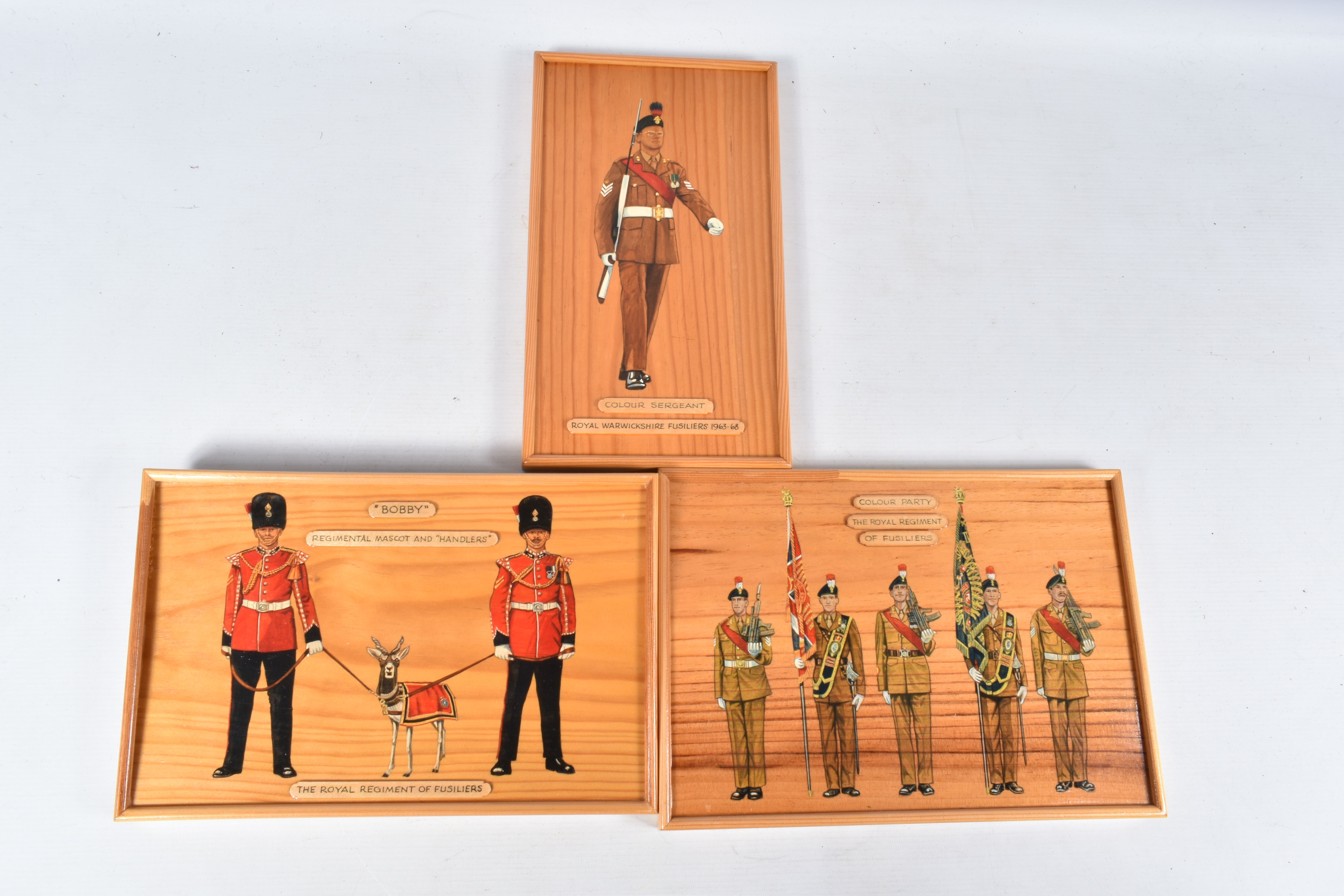 A BOX OF THIRTY WOODEN MOUNTED PLAQUES AND PICTURES OF REGIMENTAL SHIELDS AND UNIFORMS, ETC, many - Image 9 of 11