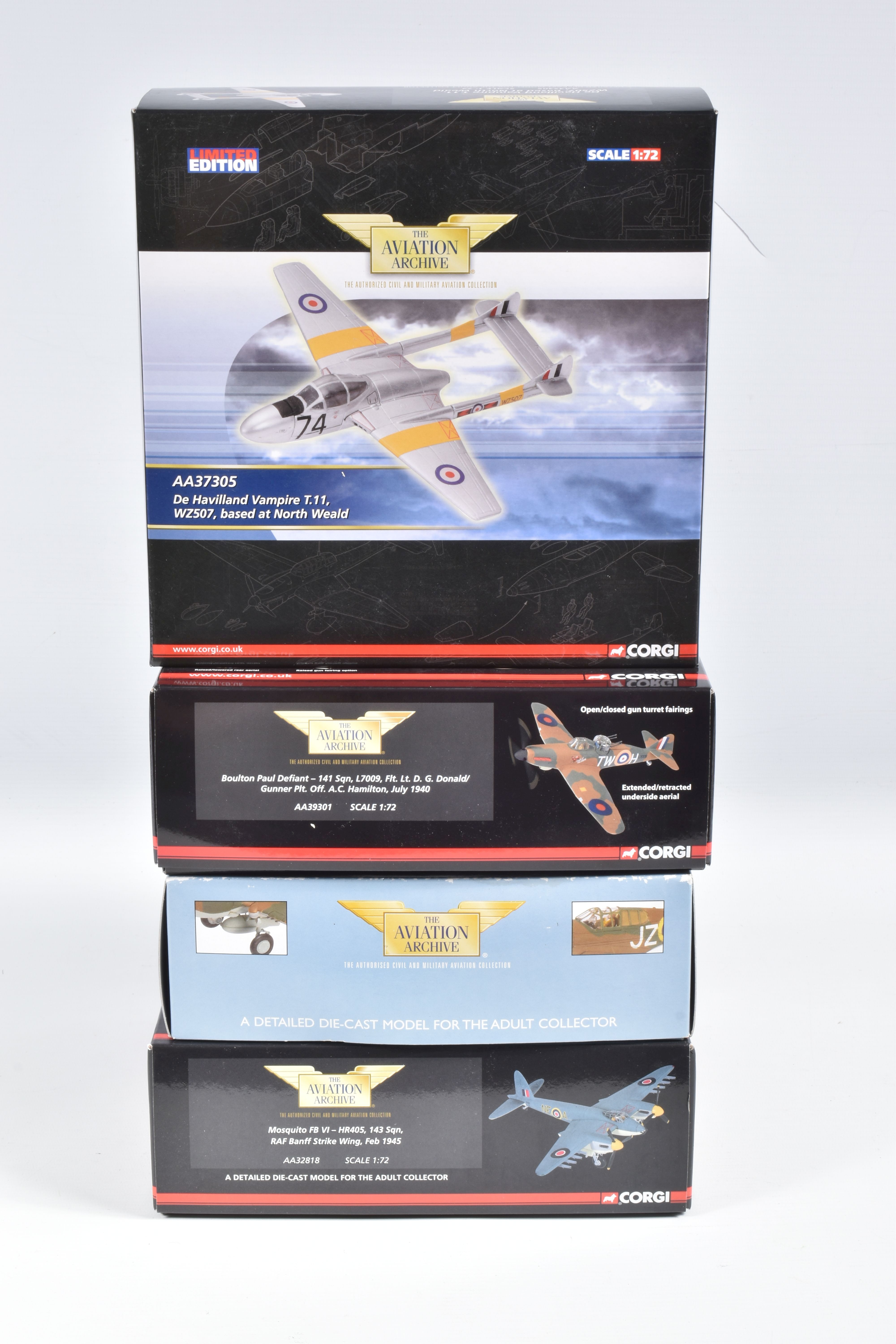 FOUR BOXED 1:27 SCALE LIMITED EDITION CORGI AVIATION ARCHIVE DIECAST MODEL AIRCRAFTS, the first is a