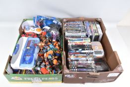TWO BOXES OF DVDS, COMPUTER EQUIPMENT AND GAMING TOYS, to include PS3 games Skylanders Swap Force