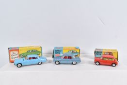 THREE BOXED CORGI TOYS CARS, Austin Seven, No.225, red body, yellow interior spun hubs, Jaguar Mk.X,