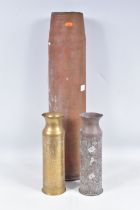 THREE BRASS TRENCH ART STYLE SHELLS, the two smaller ones have ornate decoration on them and are