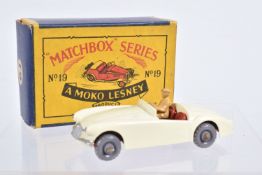 A BOXED MOKO LESNEY MATCHBOX SERIES M.G.A. SPORTS CAR, No.19, off white body with silver trim, red