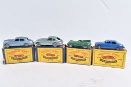 FOUR BOXED MOKO LESNEY MATCHBOX SERIES BRITISH SPORTS, RACING AND LUXURY CAR MODELS, Jaguar D