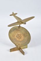 A WWII ERA BRASS TRENCH ART STYLE DISPLAY WITH SPITFIRE TO THE TOP, this nice display features a