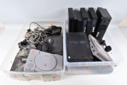 TWO BOXES OF BROKEN CONSOLES AND ACCESSORIES, contents include six Playstation 2 consoles, two