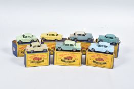 SEVEN BOXED MOKO LESNEY MATCHBOX SERIES BRITISH CARS, Ford Anglia, No.7, grey plastic wheels, Austin