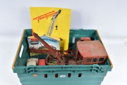 A QUANTITY OF ASSORTED TOYS, to include Tri-ang Excavator No.2 and Tri-ang Jones KL44 Crane, both in