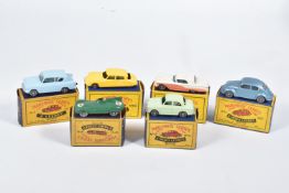 SIX BOXED MOKO LESNEY MATCHBOX SERIES CAR MODELS, Ford Anglia, No.7, grey plastic wheels, Volkswagen