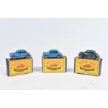 THREE BOXED MOKO LESNEY MATCHBOX SERIES MORRIS MINOR 1000 CARS, one with dark green body, black