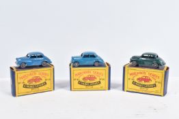 THREE BOXED MOKO LESNEY MATCHBOX SERIES MORRIS MINOR 1000 CARS, one with dark green body, black