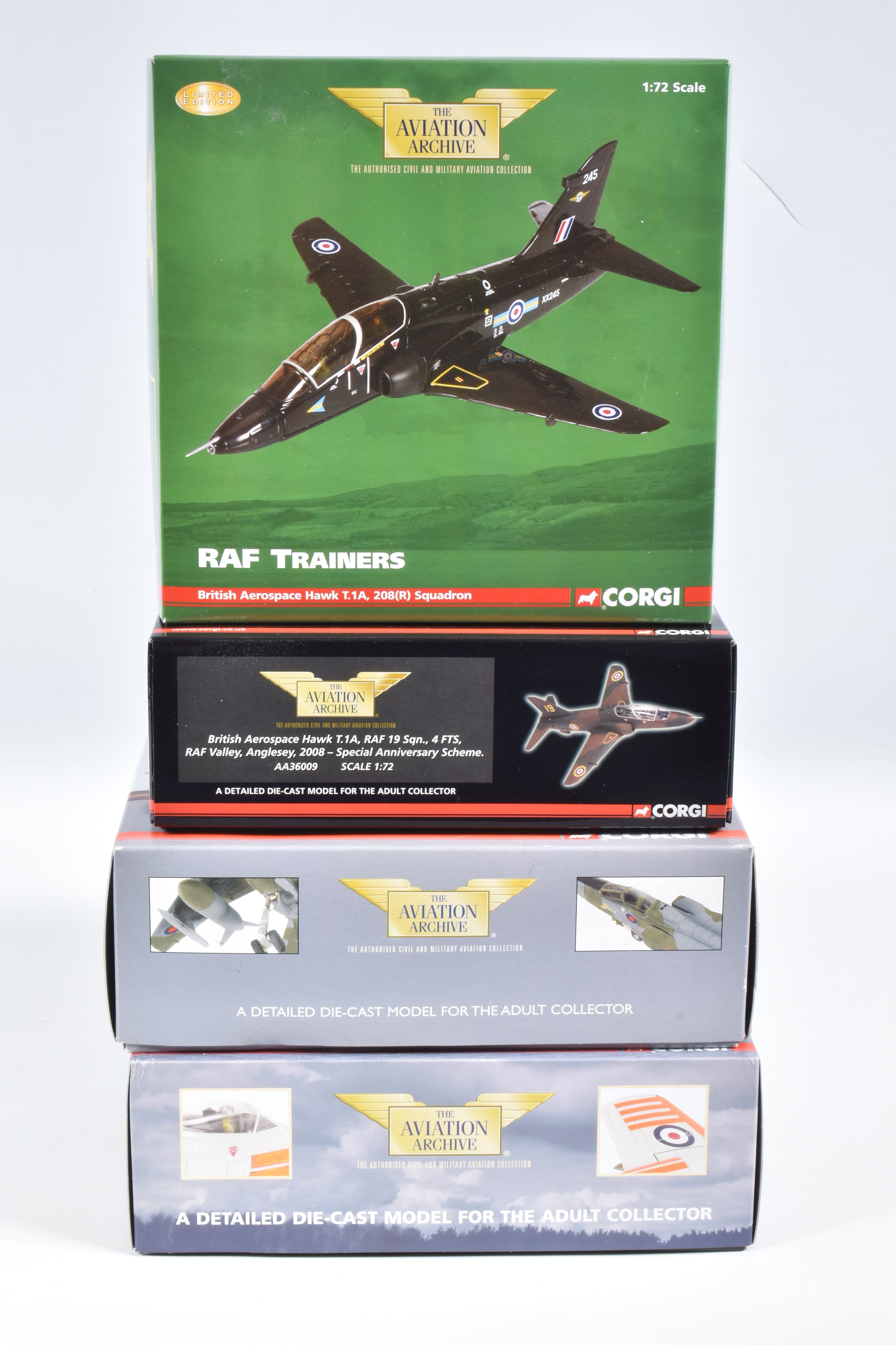 FOUR BOXED 1:72 SCALE CORGI AVIATION ARCHIVE DIECAST MODEL AIRCRAFTS, the first a RAF Trainers