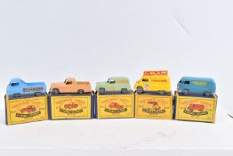 FIVE BOXED MOKO LESNEY MATCHBOX SERIES VAN MODELS, Volkswagen Van, No.34, metal wheels, Bedford