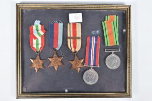 A FRAMED SET OF WWII MEDALS, to include 1935-45 star, 1939-45 war medal, defence medal Italy star,