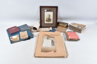A PAIR OF RAF WWI MEDALS, princess Mary Tin, large amount of postcards, passbooks, ration books