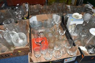 SIX BOXES OF GLASSWARE, to include a stainless steel tea set made in Japan 18/8, wineglasses,
