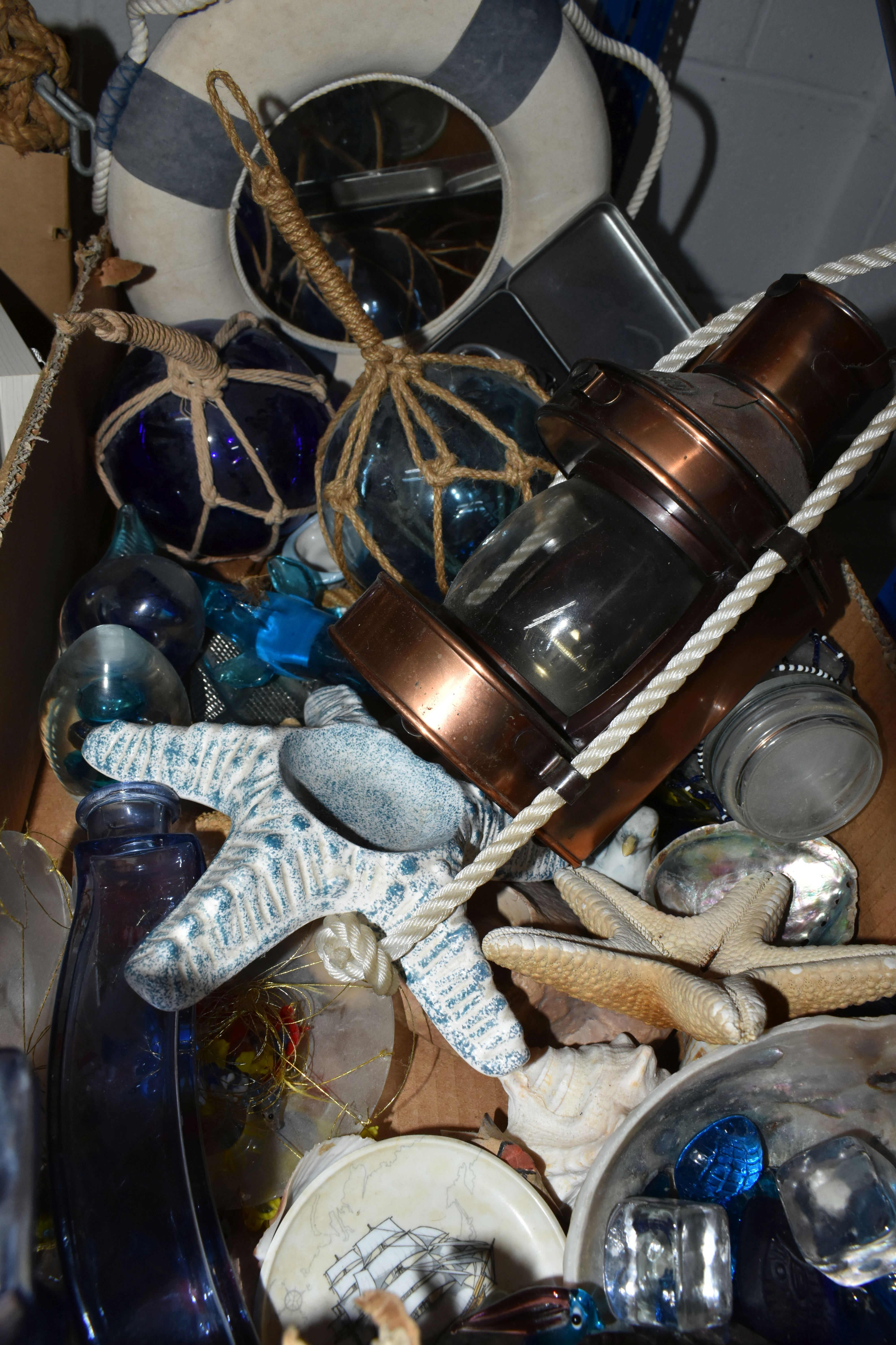 TWO BOXES AND LOOSE NAUTICAL ORNAMENTS AND BINOCULARS, to include a reproduction ships lamp, Titanic - Image 9 of 11