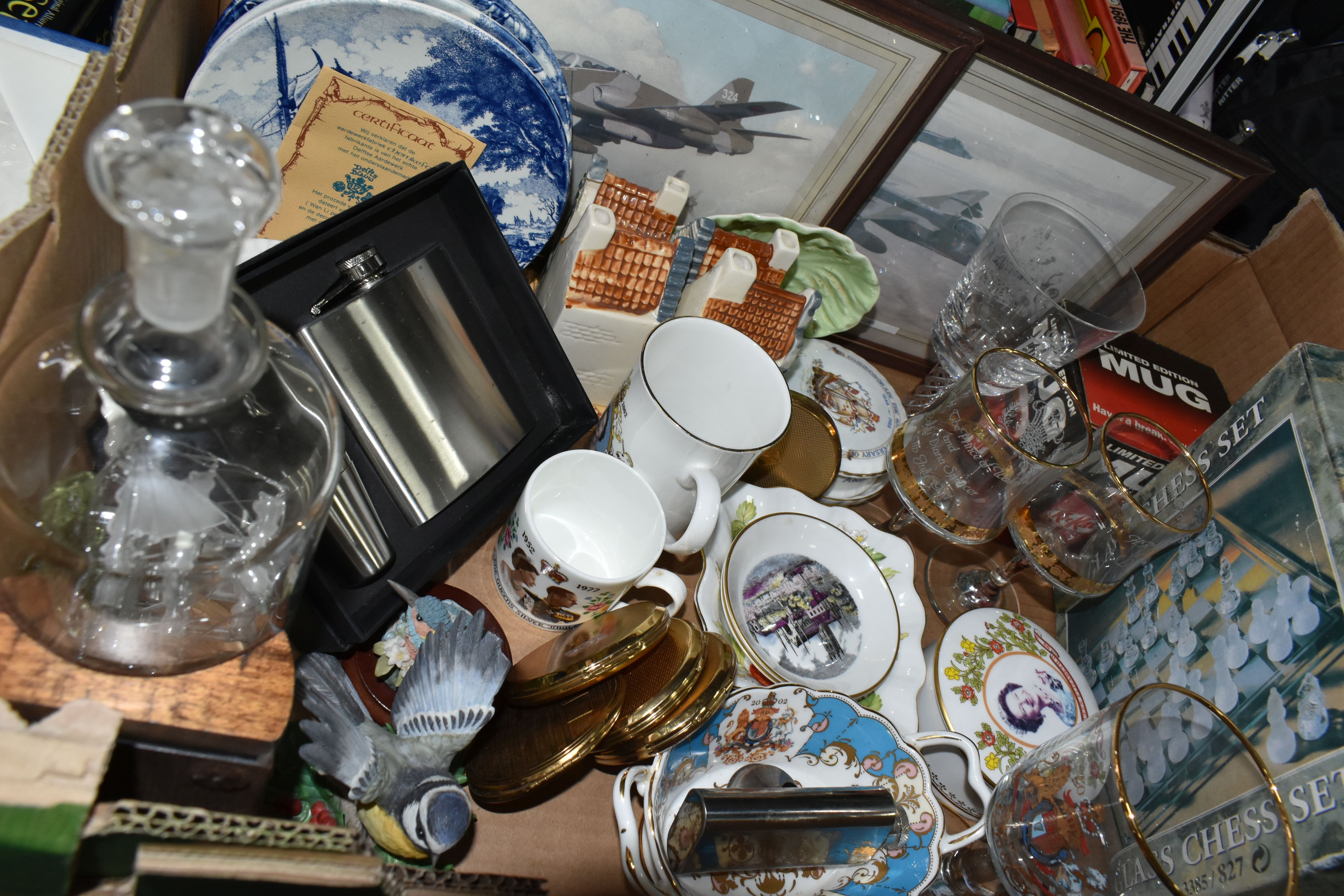 TWO BOXES OF CERAMICS, GLASS, BOOKS, STAMPS, ETC, including three Stratton powder compacts, ship - Image 5 of 8