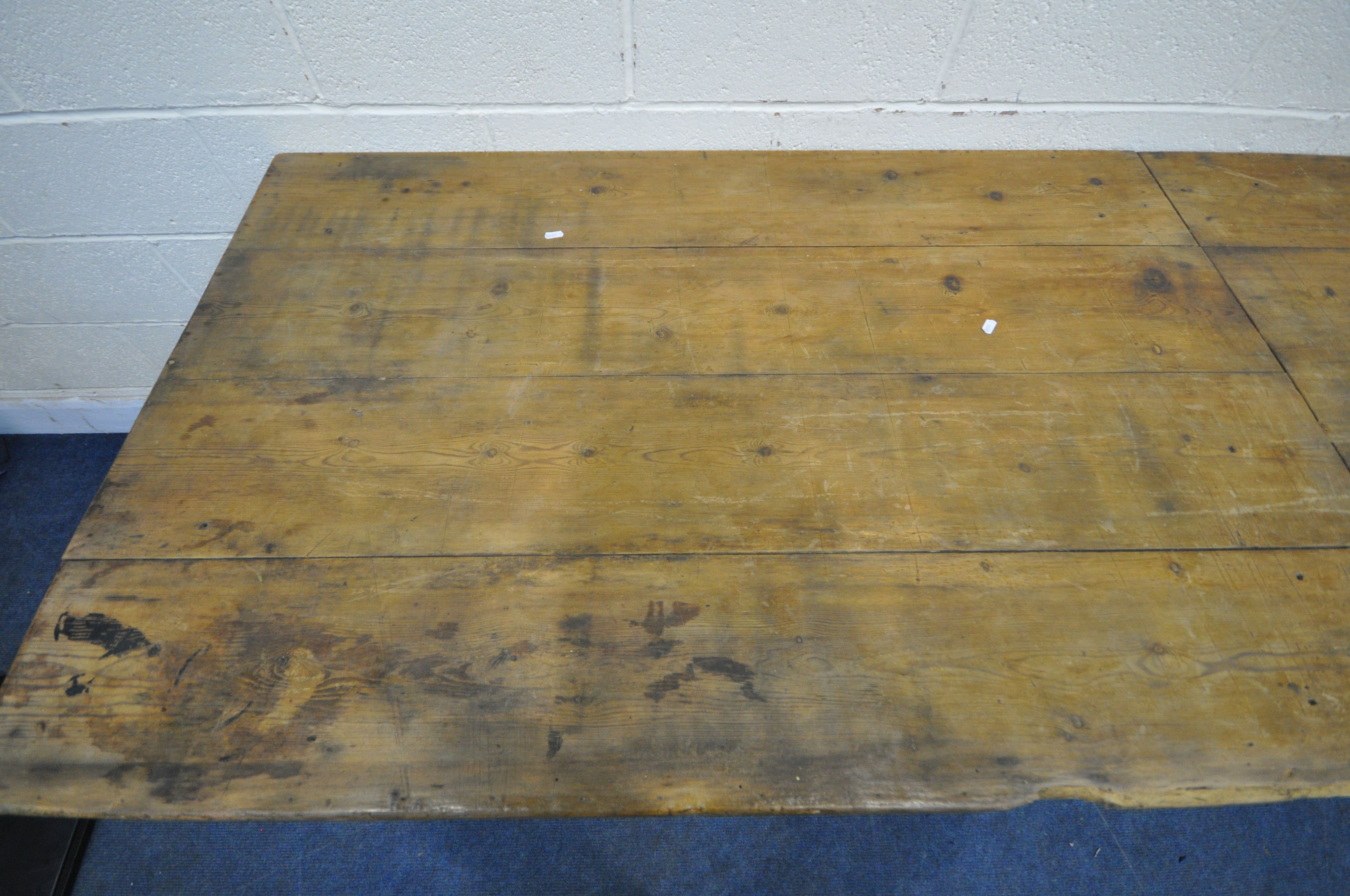 A LARGE RECTANGULAR PINE PLANK TOP TABLE, on block legs, length 273cm x depth 90cm x height 79cm ( - Image 2 of 6