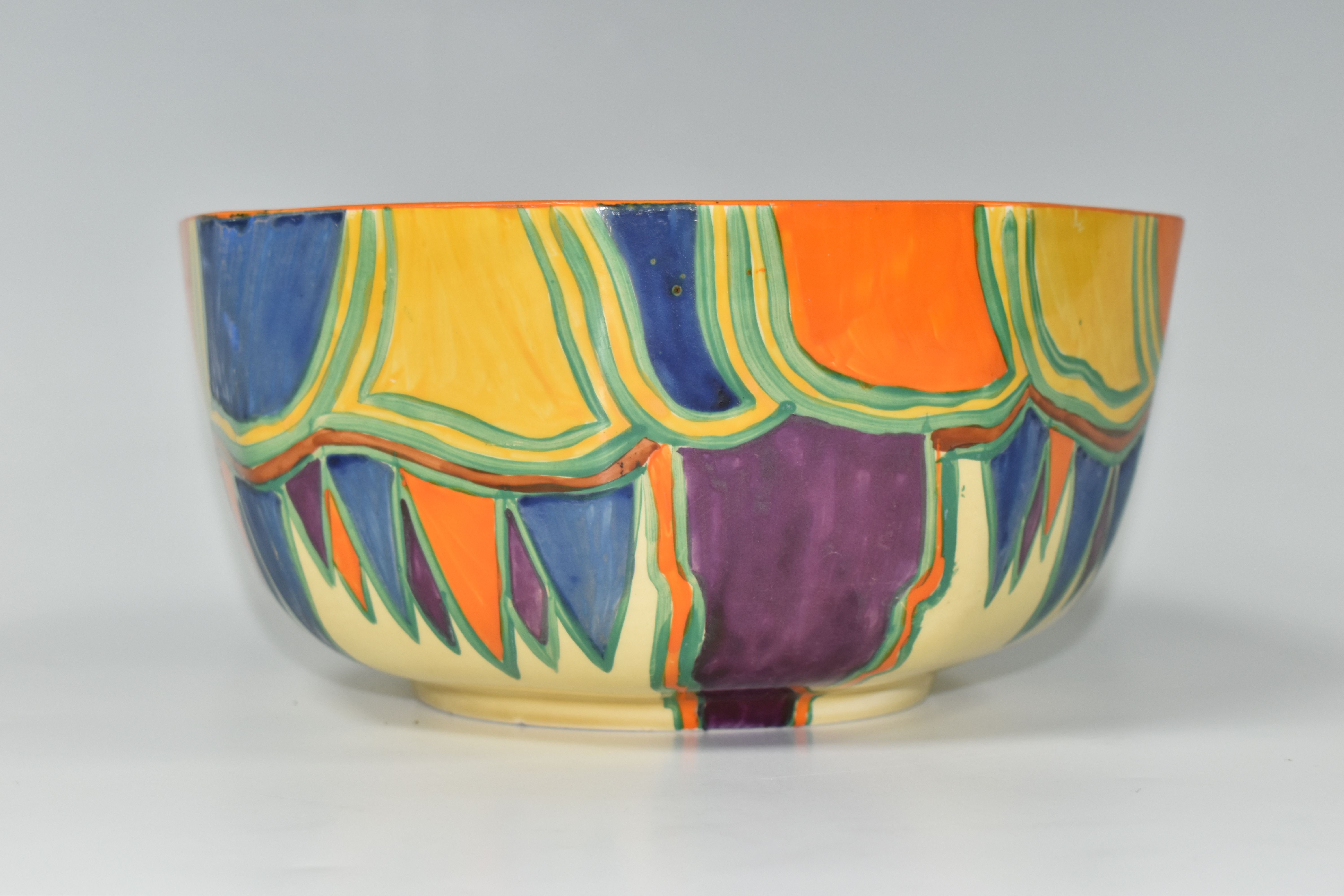 A CLARICE CLIFF BIZARRE KANDINA OCTAGONAL BOWL, the interior painted with bands of orange, green, - Image 3 of 7