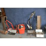 A COLLECTION OF AUTOMOTIVE TOOLS including a pair of car ramps, a bespoke lift (adapted from a