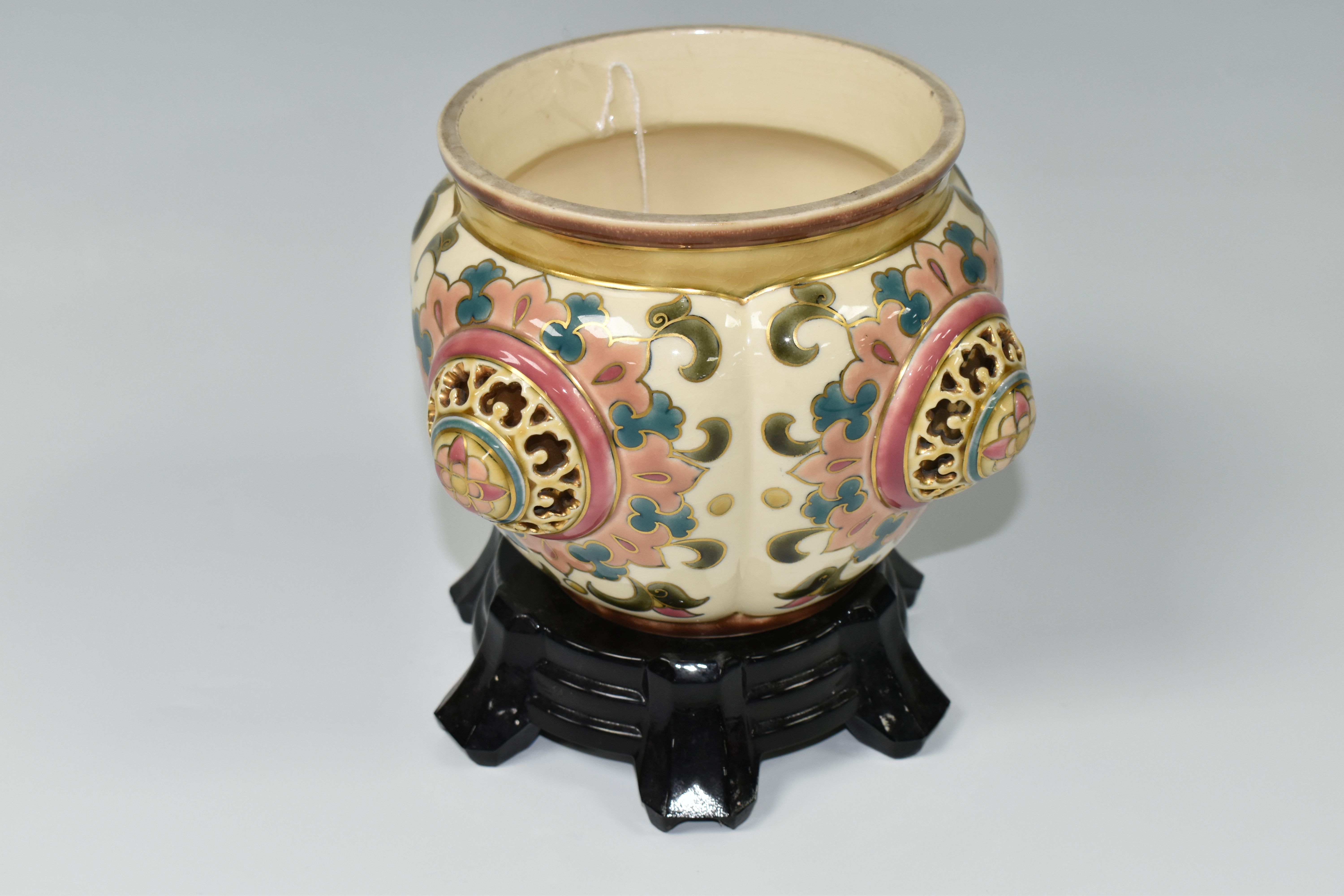 AN AUSTRIAN ZSOLNAY PECS PLANTER, florally decorated with a reticulated roundel on four sides, - Image 3 of 6