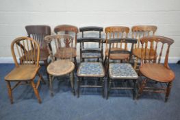 A VARIETY OF CHAIRS, to include a set of three elm dish seated chairs, with spindle back, a set of