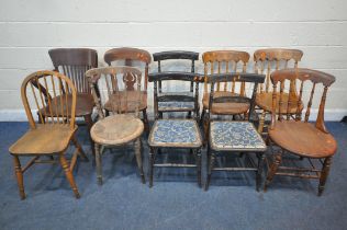 A VARIETY OF CHAIRS, to include a set of three elm dish seated chairs, with spindle back, a set of