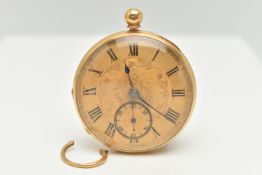 A MID VICTORIAN, 18CT GOLD OPEN FACE POCKET WATCH, key wound, round floral detailed gold dial, Roman